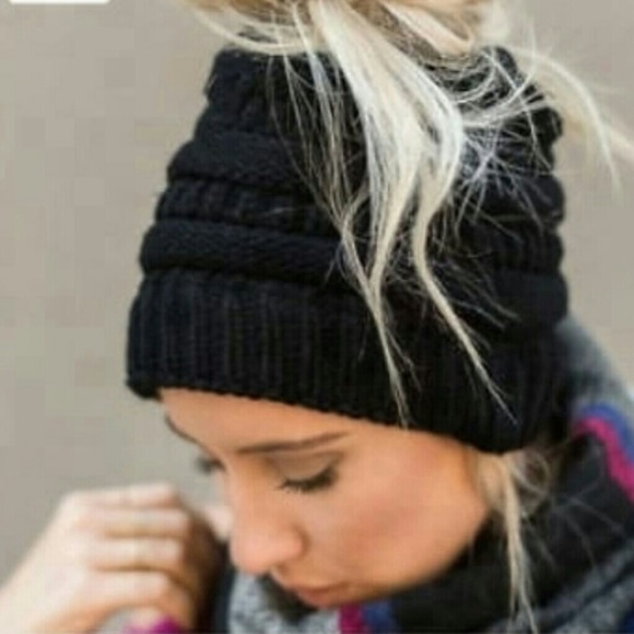 Accessories Last One Black Messy Bun Winter Hat Cap Beanie